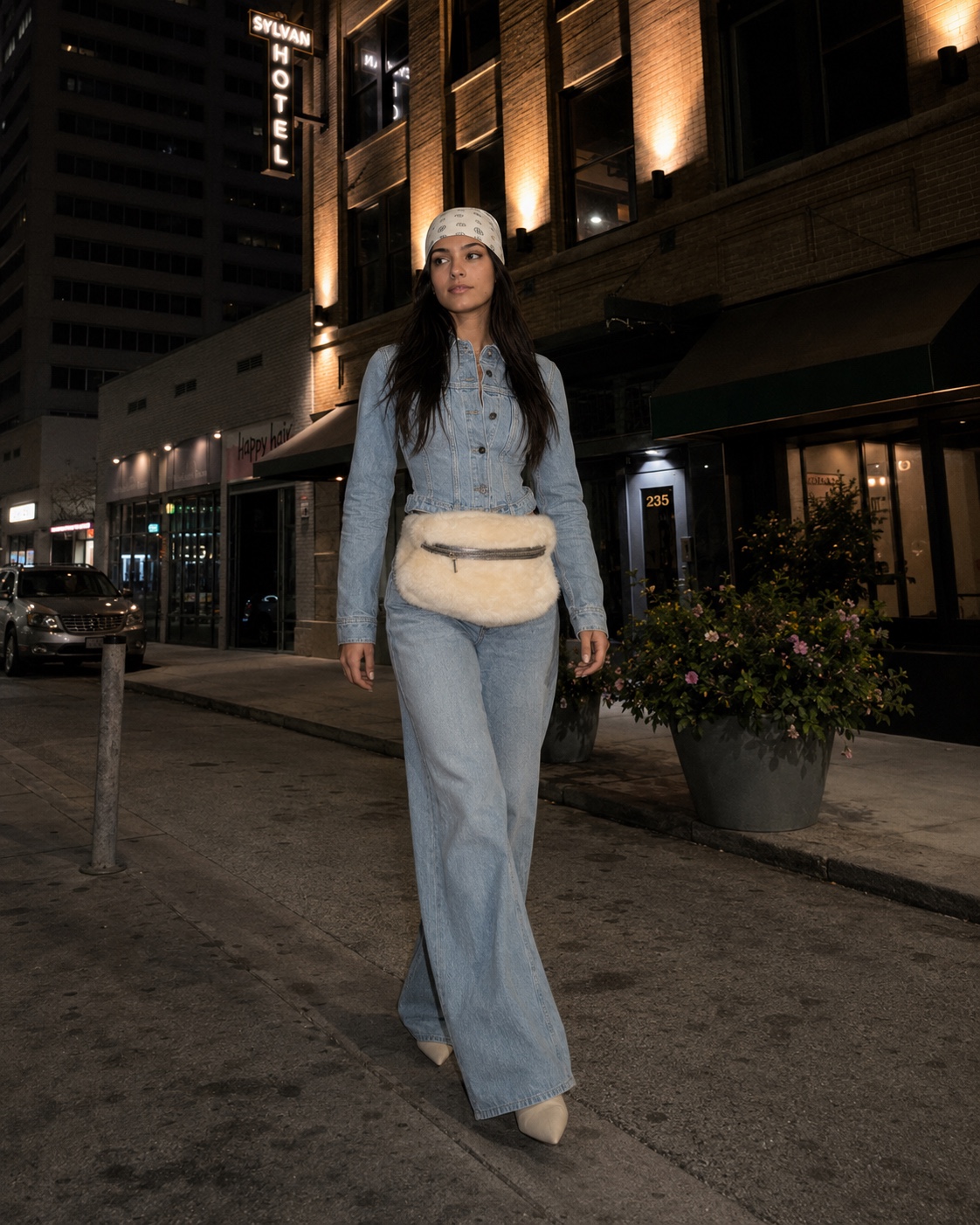 Fashion editorial portrait in denim at night