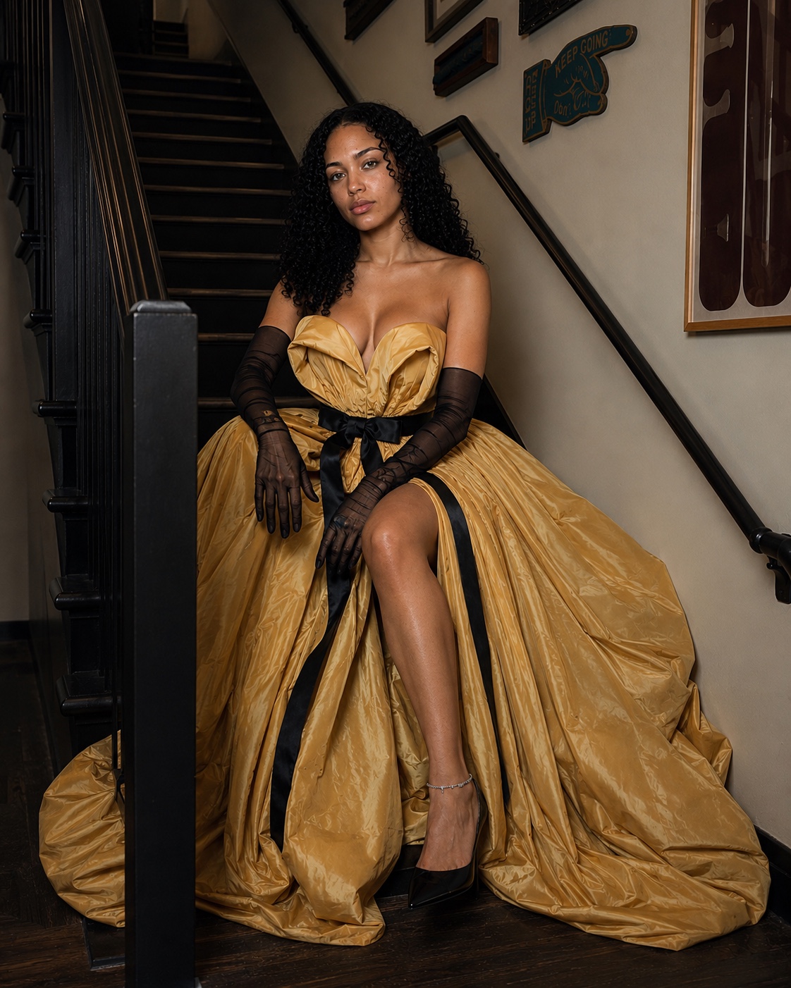 Fashion editorial portrait in a gold couture gown